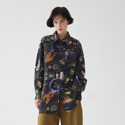 谜底大廓形衬衫长袖女2025春新款复古风花色中长款衬衣255MC3014 商品图1