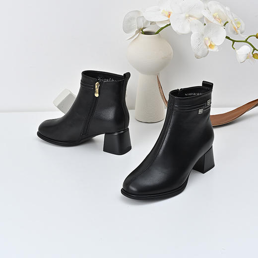 经典鲨2024年冬季新款百搭黑色侧拉链加绒中粗跟显瘦短靴女KD29-D58091 商品图2