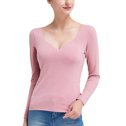 【复古法式扇形领，微熟性感的小心机】秋冬新款加绒加厚 女士秋衣保暖内衣 外穿打底衫 带胸垫长袖保暖衣女-QQ 商品图3