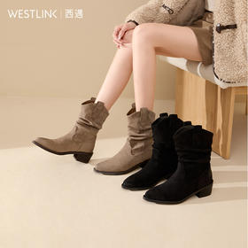 西遇尖头堆堆靴女冬季加绒新款复古V口西部牛仔靴粗跟短靴子V4147856