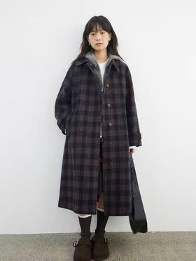 步履不停/4D21055C/学院风A字廓形格子长款呢子大衣外套