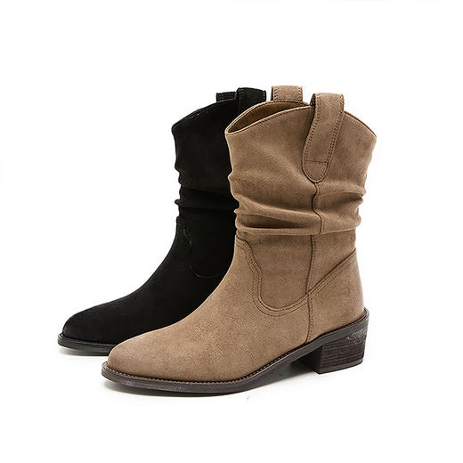 西遇尖头堆堆靴女冬季加绒新款复古V口西部牛仔靴粗跟短靴子V4147856 商品图4