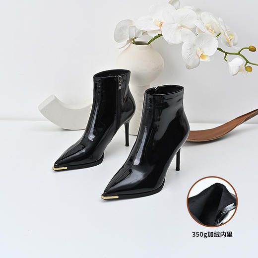 经典鲨2024冬季新款百搭纯色优雅尖头加绒细高跟时装短靴女KC19-D58271 商品图2