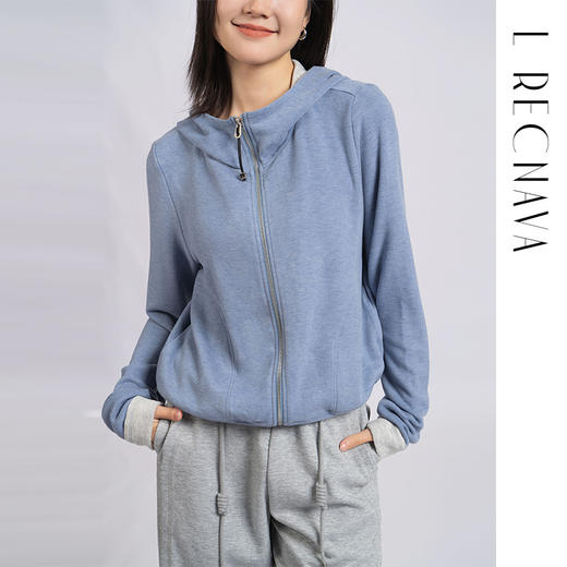 L RECNAVA [高弹柔软拉绒] 正肩连帽卫衣 袖口撞色拉链外套 商品图7