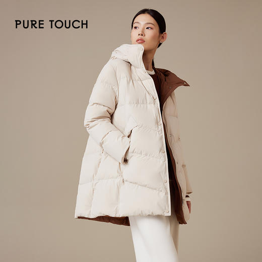 pure touch女士中长款米白A型减龄羽绒服内外撞色连帽保暖羽绒服1306244440 商品图3