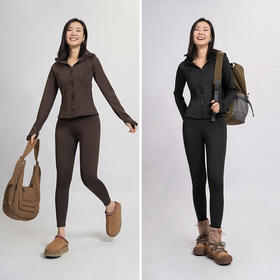 L RECNAVA [亲肤加厚绒] 超厚加绒修身保暖运动套装—拉链连帽外套修身显瘦—九分裤高腰收腹提臀