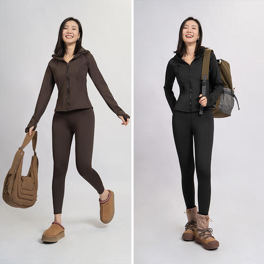 L RECNAVA [亲肤加厚绒] 超厚加绒修身保暖运动套装—拉链连帽外套修身显瘦—九分裤高腰收腹提臀 商品图0