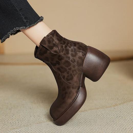 【预售5天】英伦风厚底马丁靴女豹纹头层牛皮粗跟瘦瘦靴秋冬季高跟短靴子TYMXY&6802 商品图1