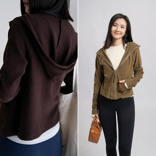 L RECNAVA [薄绒面料] 连帽拉链外套 坑条修身卫衣 商品图1