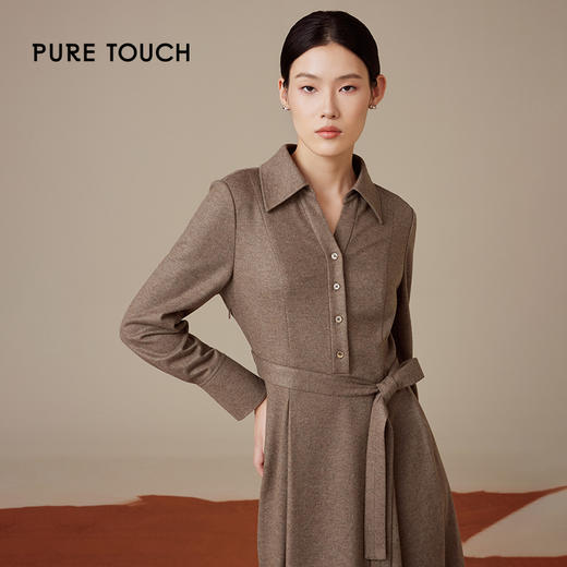 puretouch女士流沙色绵羊毛V领腰带中长款连衣裙通勤简约百搭显瘦1349244422 商品图3