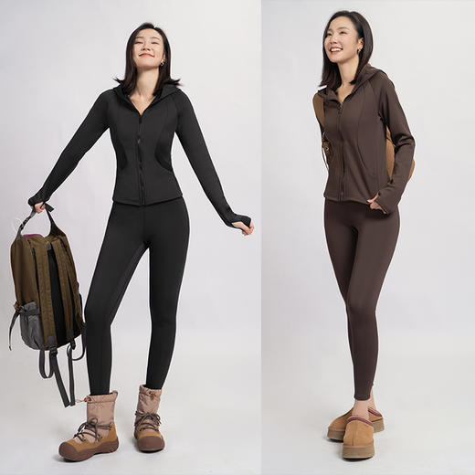 L RECNAVA [亲肤加厚绒] 超厚加绒修身保暖运动套装—拉链连帽外套修身显瘦—九分裤高腰收腹提臀 商品图2