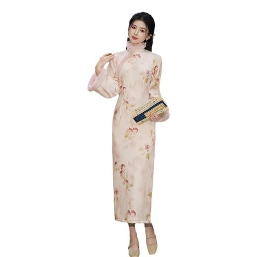 2024冬季新款丝绒加厚加绒时尚改良年轻少女款长款倒大袖旗袍SYK35652 商品图4