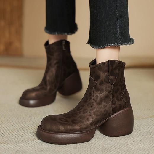 【预售5天】英伦风厚底马丁靴女豹纹头层牛皮粗跟瘦瘦靴秋冬季高跟短靴子TYMXY&6802 商品图0