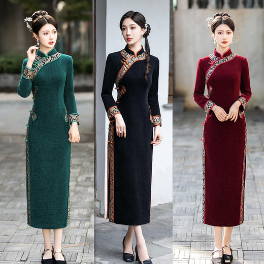 复古国风长款，雪尼尔九分袖旗袍GX-588222 商品图0