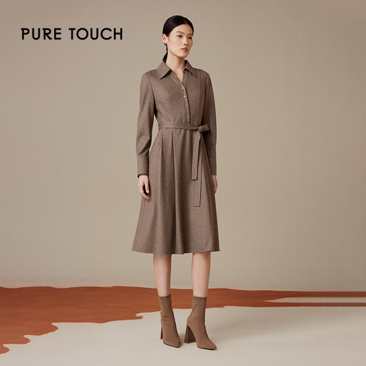 puretouch女士流沙色绵羊毛V领腰带中长款连衣裙通勤简约百搭显瘦1349244422 商品图0