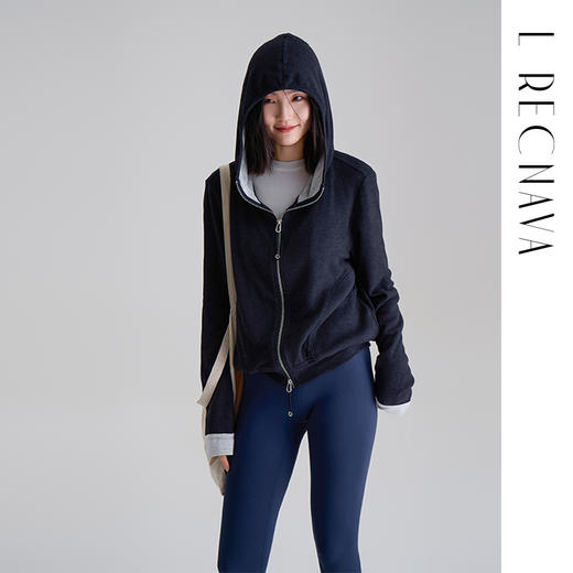 L RECNAVA [高弹柔软拉绒] 正肩连帽卫衣 袖口撞色拉链外套 商品图6