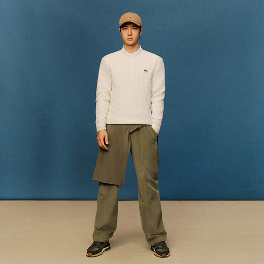 Lacoste【王一博同款】法国鳄鱼男装新款圆领绞花羊毛衫AH2924-10 商品图0