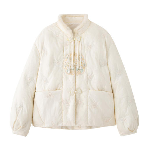 2024新款冬装新中式刺绣盘扣羽绒服白鸭绒拼水貂毛YJLY6836 商品图4