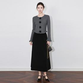 【高货wl】全新升级【铂金会员367/天猫499/差价132】(11256) 洛诗琳秋冬款气质圆领立体花朵荷叶边上衣丝绒半身裙套装