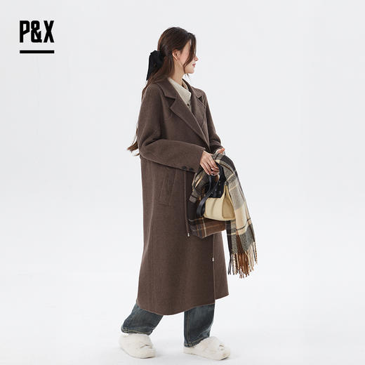 P&X设计师女装冬季宽松绵羊毛双面呢长款大衣 824421075 咖色毛呢 商品图2