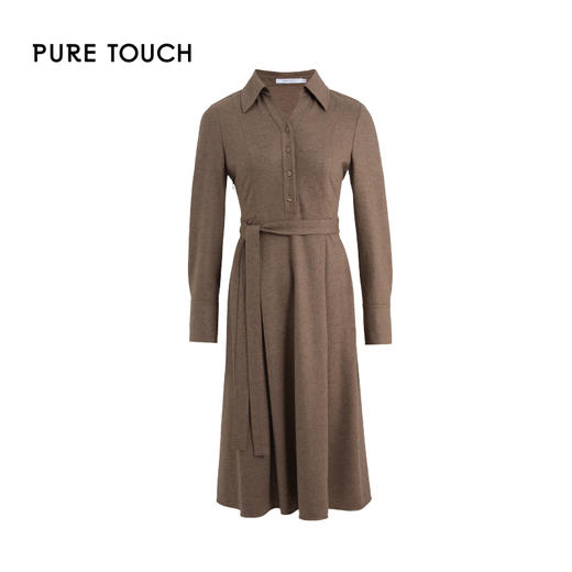 puretouch女士流沙色绵羊毛V领腰带中长款连衣裙通勤简约百搭显瘦1349244422 商品图4
