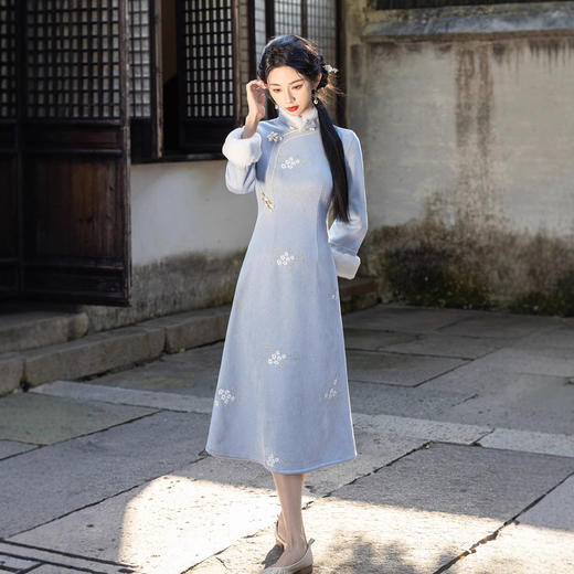 MYJ 372绣花麂皮绒旗袍保暖加绒毛领日常可穿民国风 商品图0