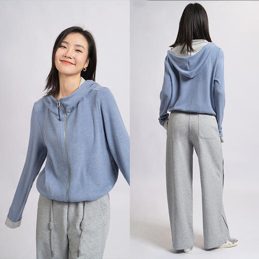 L RECNAVA [高弹柔软拉绒] 正肩连帽卫衣 袖口撞色拉链外套 商品图1