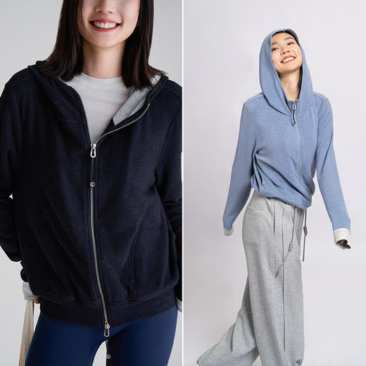 L RECNAVA [高弹柔软拉绒] 正肩连帽卫衣 袖口撞色拉链外套 商品图8