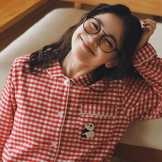 【全棉磨毛】 2025新款熊猫刺绣秋冬情侣睡衣女春套装纯棉磨毛绒布卡通家居服 商品图1