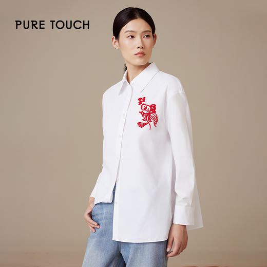 puretouch新年简约风白色女士衬衫精致锦鲤刺绣彰显独特品味1301244432 商品图0