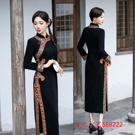 复古国风长款，雪尼尔九分袖旗袍GX-588222 商品图3