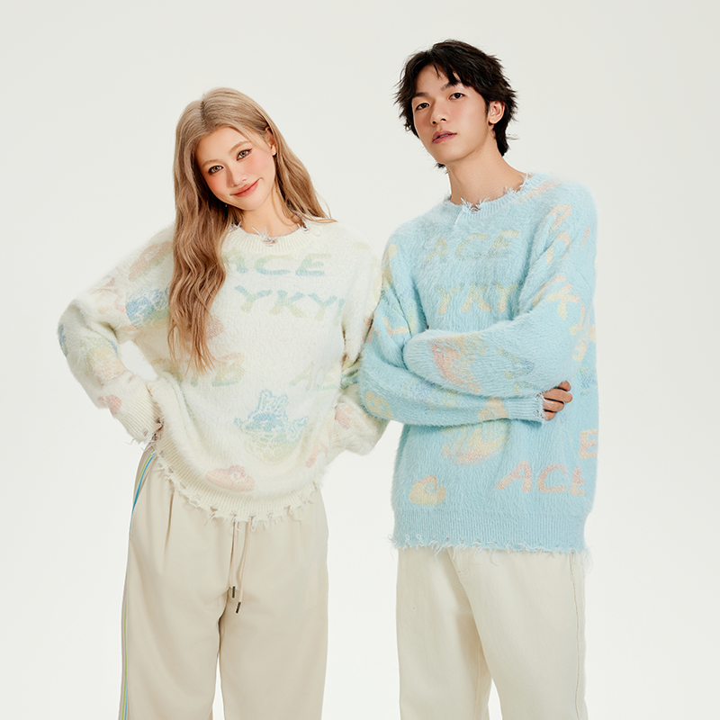 YKYB黄子韬潮牌毛衣宽松圆领套头仿貂毛毛衫渐变破坏慵懒风针织衫