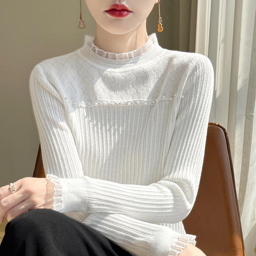 佰威斯利新年春节红蕾丝打底衫女新款春秋内搭洋气5色可选钉珠针织上衣大码女装秋冬毛衣90-240斤 商品图3