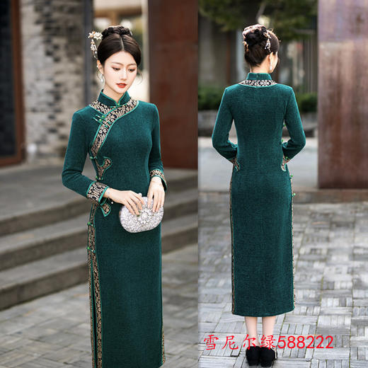 复古国风长款，雪尼尔九分袖旗袍GX-588222 商品图2