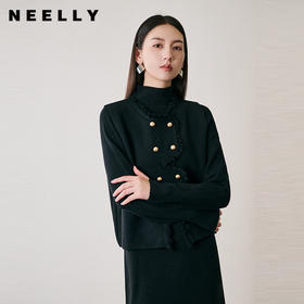NEELLY纳俪冬季新款气质小立领黑色后开叉针织连衣裙套装女两件套N24114Y05503