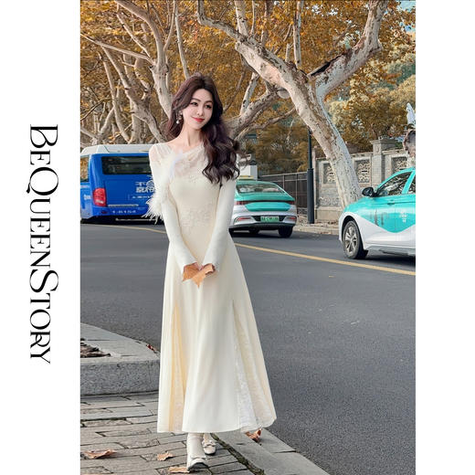 【孤品样衣，不退不换】【白茶仙姿】可脱卸鸵鸟毛毛烫钻蕾丝显瘦网纱拼接针织连衣裙 商品图2