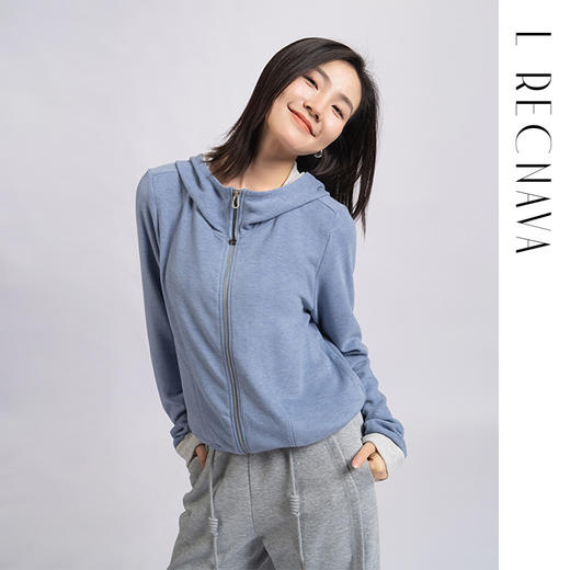 L RECNAVA [高弹柔软拉绒] 正肩连帽卫衣 袖口撞色拉链外套 商品图5