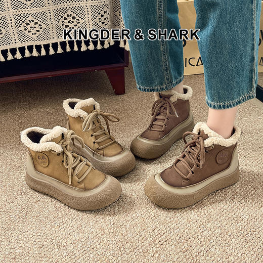 经典鲨2024冬季新款百搭圆头加绒保暖平底高帮休闲鞋棉鞋女KW296-D58081 商品图0