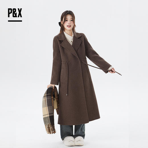 P&X设计师女装冬季宽松绵羊毛双面呢长款大衣 824421075 咖色毛呢 商品图3