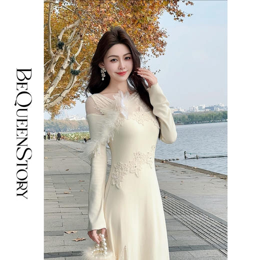 【孤品样衣，不退不换】【白茶仙姿】可脱卸鸵鸟毛毛烫钻蕾丝显瘦网纱拼接针织连衣裙 商品图4