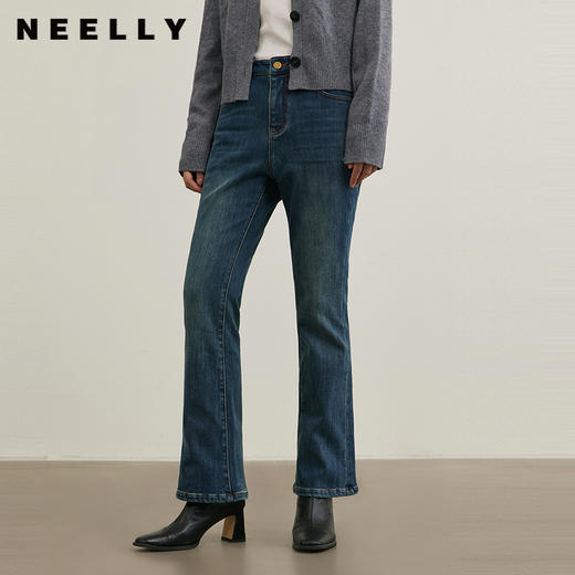 NEELLY纳俪商场同款冬新款复古设计感牛仔裤女修身显瘦百搭微喇裤N24111H01149 商品图0