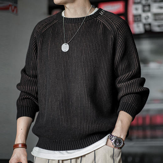 工装优选美式复古竖条纹编织毛衣插肩袖圆领加厚打底针织衫男秋冬 商品图0