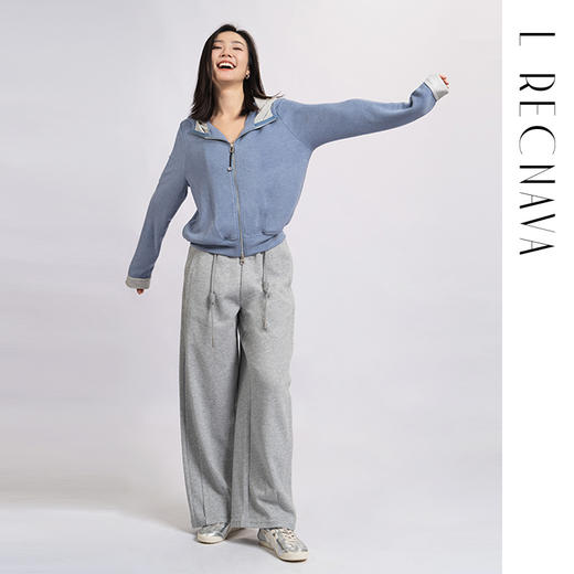 L RECNAVA [高弹柔软拉绒] 正肩连帽卫衣 袖口撞色拉链外套 商品图3
