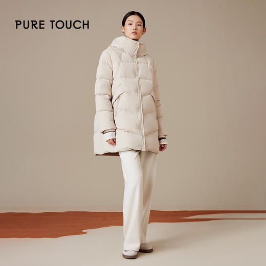 pure touch女士中长款米白A型减龄羽绒服内外撞色连帽保暖羽绒服1306244440 商品图1