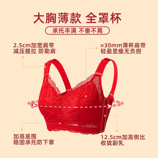 雅黛丽红色内衣女大胸显小薄款文胸套装本命年内衣裤性感蕾丝胸罩 商品图1