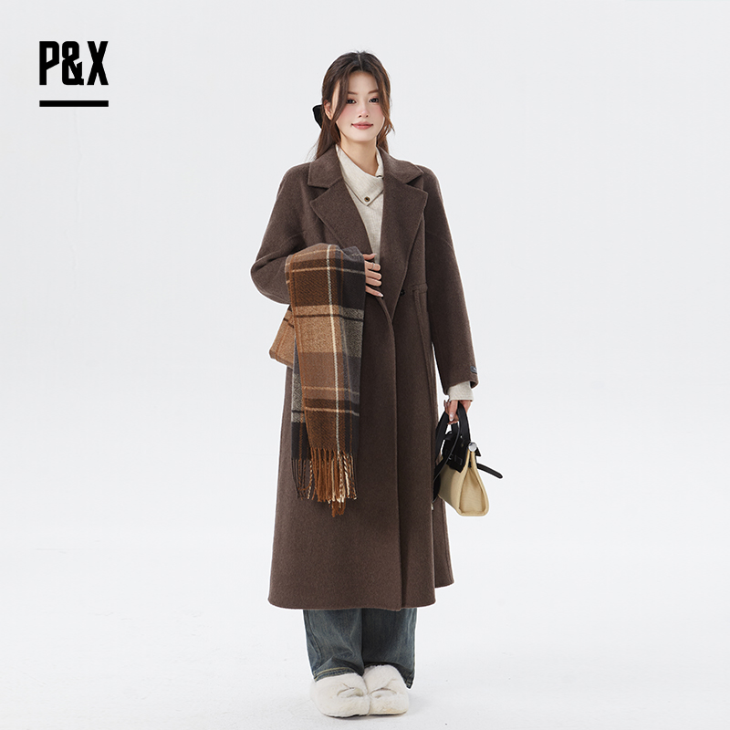 P&X设计师女装冬季宽松绵羊毛双面呢长款大衣 824421075 咖色毛呢