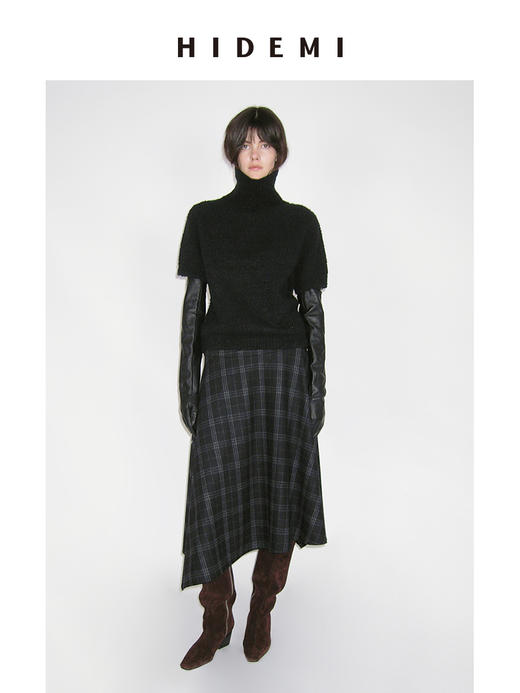 HIDEMI 进口色织格纹厚款羊毛可拆卸围巾设计感多穿式不对称剪裁外套衬衫半裙套装 商品图4