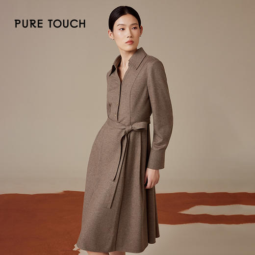 puretouch女士流沙色绵羊毛V领腰带中长款连衣裙通勤简约百搭显瘦1349244422 商品图1