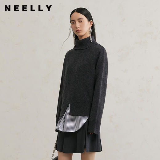 NEELLY纳俪商场同款冬季新款经典衬衫领开衩羊毛针织衫女宽松上衣N24111A01125 商品图0
