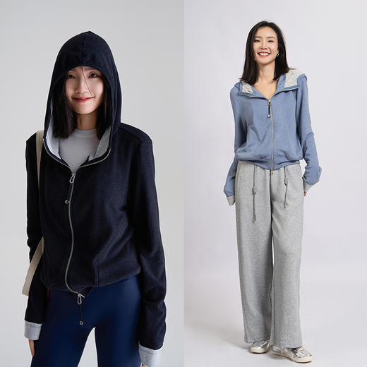 L RECNAVA [高弹柔软拉绒] 正肩连帽卫衣 袖口撞色拉链外套 商品图0